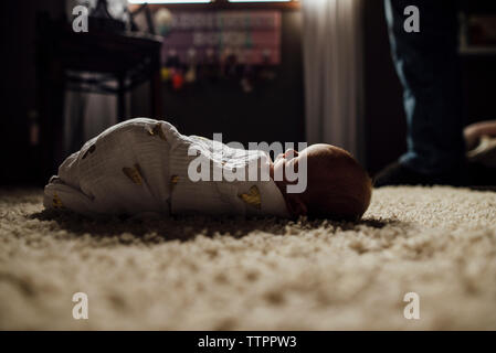 Close-up of baby girl sleeping while being wrapped in blanket on carpet Stock Photo