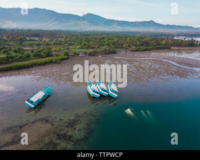 Aerial view of the boats in the ocean at low tide Stock Photo