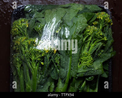 Overhead view of wet vegetables covered with plastic bag in tray on table Stock Photo