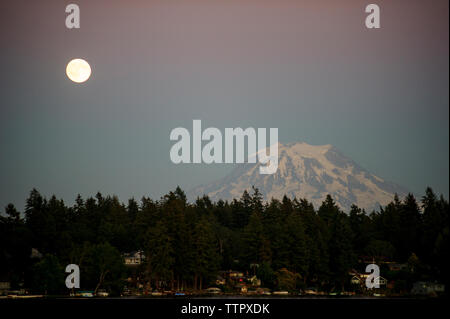 Scenic view of moon shining over trees and snowcapped mountain Stock Photo