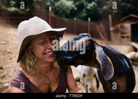 Close-up of smiling woman looking at goat in farm Stock Photo