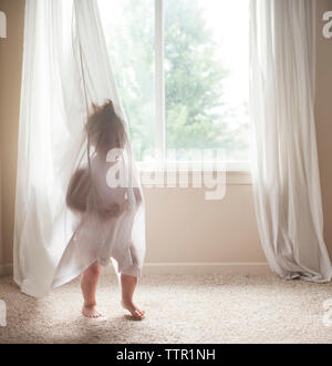 Full length of baby boy playing with curtain at home Stock Photo