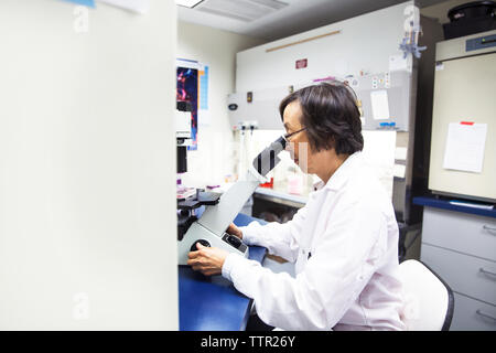 Side view of senior female scientist using microscope Stock Photo