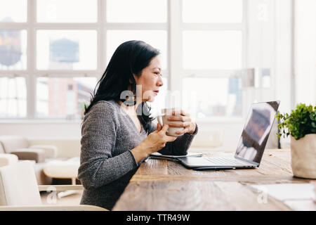 businesswoman holding coffee cup while looking at laptop computer on desk in office Stock Photo