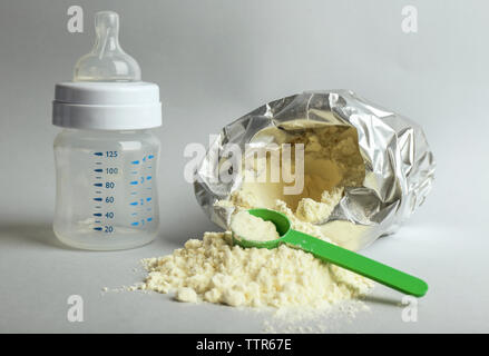 Baby milk formula with spoon and bottle on light background Stock Photo