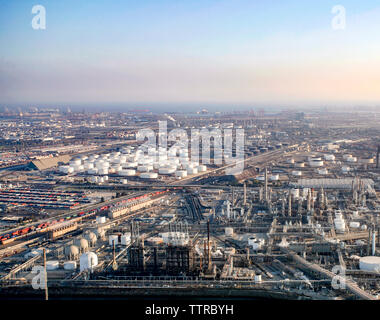 Aerial view of oil refinery against sky Stock Photo - Alamy