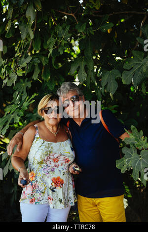 Portrait of senior couple wearing sunglasses while standing against trees in forest Stock Photo