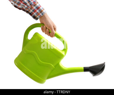 Hand holding watering can isolated on white Stock Photo