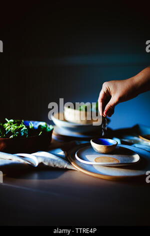 Cropped hand of woman sprinkling salt in bowl while preparing salad at home Stock Photo