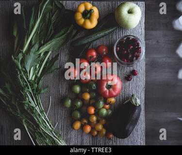 Overhead view of fruits and vegetables on table Stock Photo