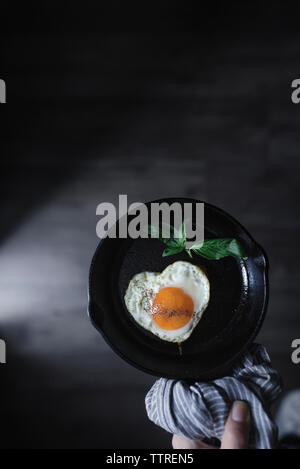Cropped image of woman holding heart shape sunny side up fried egg in saucepan at home Stock Photo