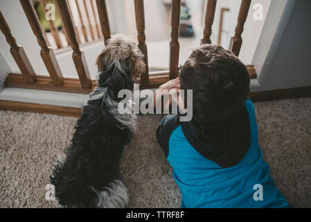 High angle view of boy with Yorkshire Terrier looking through railing while lying on rug at home Stock Photo
