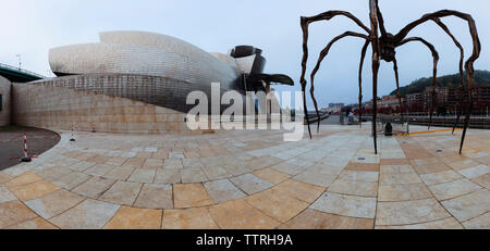Fish-eye view of Guggenheim Museum Bilbao in city Stock Photo