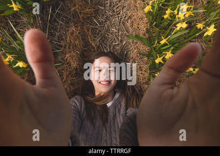 Young woman is lying on ground and holding camera, on daffodil field. Stock Photo