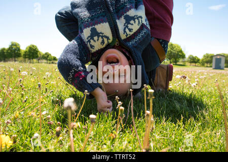 Low section of father holding son upside down while crouching on grassy field during sunny day Stock Photo