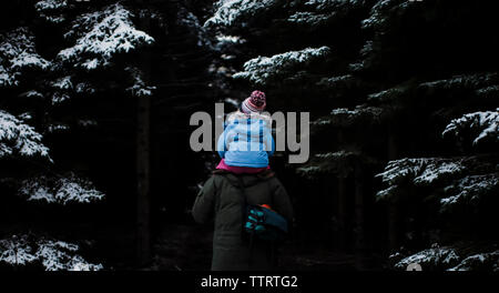 Rear view of father carrying daughter on shoulders while walking in forest during winter Stock Photo