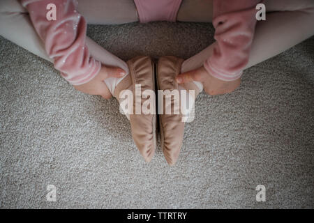 Low section of girl in ballet costume sitting on rug at home Stock Photo