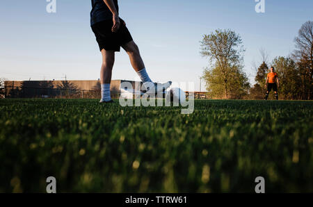 Low section of man playing soccer with male friend on grassy field against clear sky at park Stock Photo