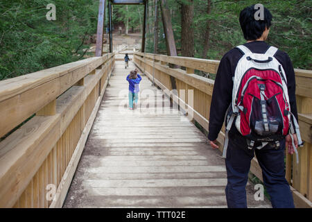a father crosses a long wooden bridge in woods with two small children Stock Photo