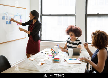 businesswoman sticking adhesive notes on whiteboard during meeting with female colleagues Stock Photo