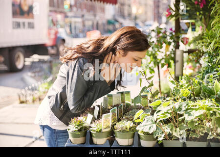 Happy woman smelling plants at market stall Stock Photo