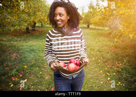 Smiling woman carrying apples while standing in orchard Stock Photo