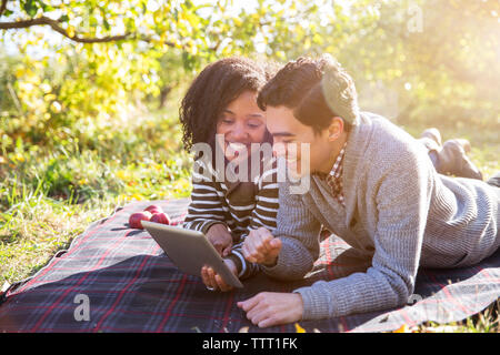 Cheerful couple using tablet computer while lying on blanket in orchard Stock Photo