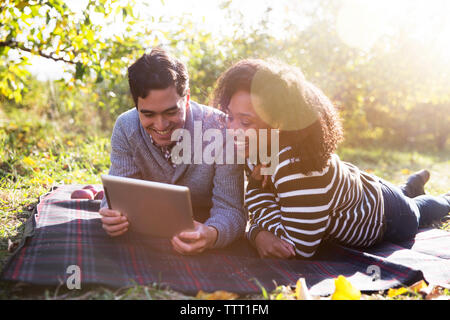 Couple using tablet computer while relaxing on blanket in orchard Stock Photo