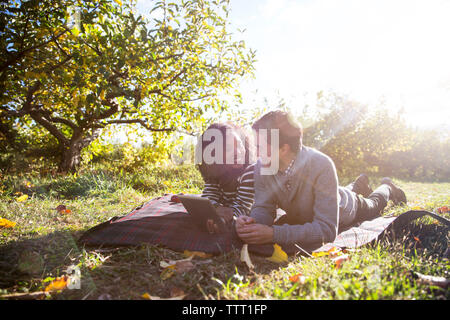 Loving couple looking at each other while using tablet computer in orchard Stock Photo