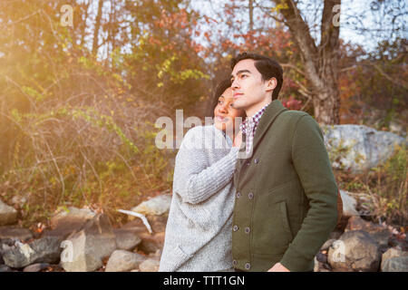 Couple looking away while standing in forest Stock Photo