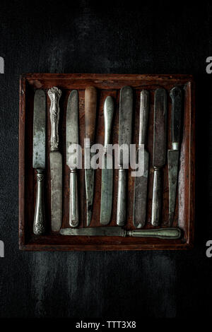 Overhead view of various knives arranged in tray on table Stock Photo