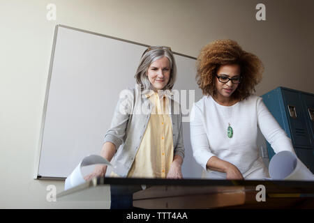 Low angle view of multi-ethnic businesswomen examining blueprint in board room Stock Photo
