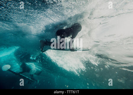 Underwater view of two surfers in action Stock Photo