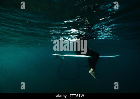 Underwater view of a surfer sitting on his board Stock Photo