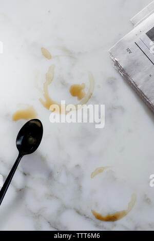 Overhead view of spoon and tea stains on table