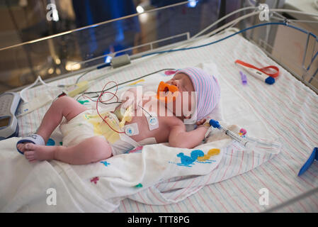 Portrait of cute newborn baby boy lying in crib at hospital Stock Photo