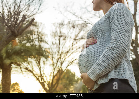 Young pregnant woman holding her belly with sunset behind her