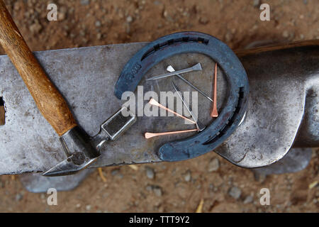 Overhead view of horseshoe with hammer and nails on anvil Stock Photo