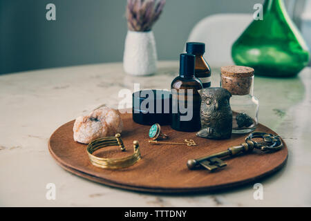 High angle view of objects on wooden board Stock Photo