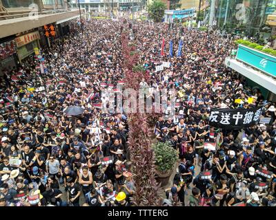 Hong Kong, 16 June 2019 - Protest crowd in Causeway Bay of Hong Kong, against the extradition law of government. Stock Photo