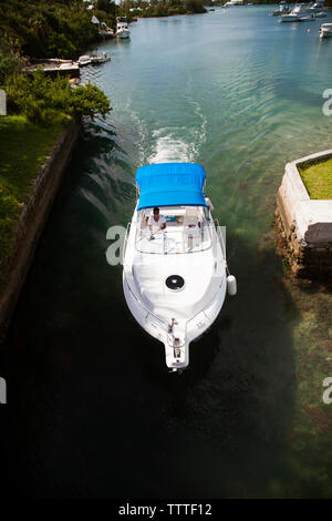 BERMUDA. A boat about to go under the Somerset Bridge. The world's smallest drawbridge connecting Somerset Island with the mainland. Stock Photo