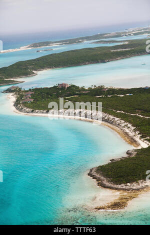 EXUMA, Bahamas. A view of Fowl Cay from the plane. Stock Photo