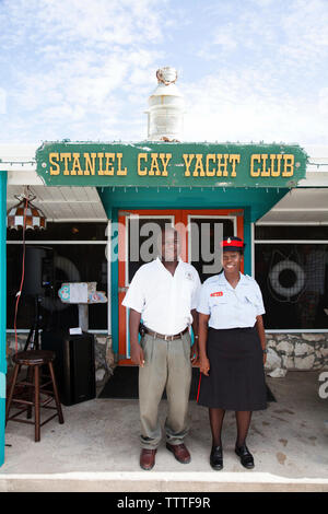 EXUMA, Bahamas. Locals at the Staniel Cay Yacht Club in Staniel Cay. Stock Photo