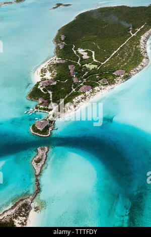 EXUMA, Bahamas. A view from the plane of the Fowl Cay Resort. Stock Photo