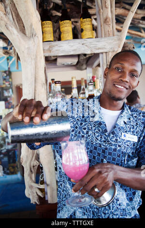 JAMAICA, Oracabessa. Goldeneye hotel and Resort. Bartender making a drink at the bar. Stock Photo