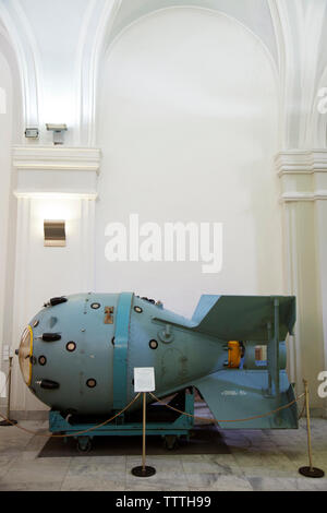 RUSSIA, Moscow. The first Soviet nuclear bomb on view at the Polytechnical Museum. Stock Photo