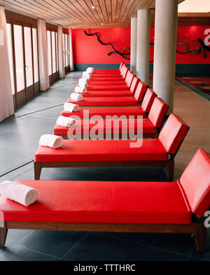 SPAIN, El Ciego, La Rioja, spa seats at the Marques De Riscal hotel Spa. Stock Photo