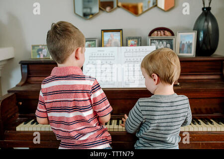 Rear view of brothers playing piano together at home Stock Photo