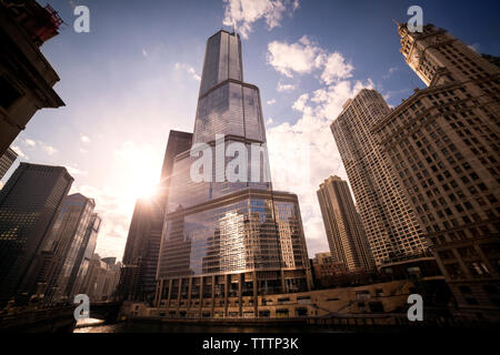 Low angle view of Wrigley Building by trump international hotel and tower Stock Photo