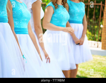 Bride and bridesmaids posing in the park on the wedding day Stock Photo